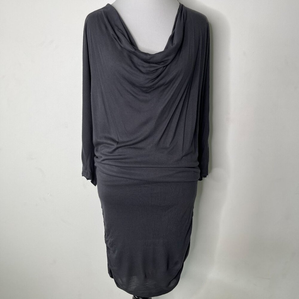 Alice + Olivia Women's Black Gray Drape Neck Blouson  3/4 Sleeve Dress Medium